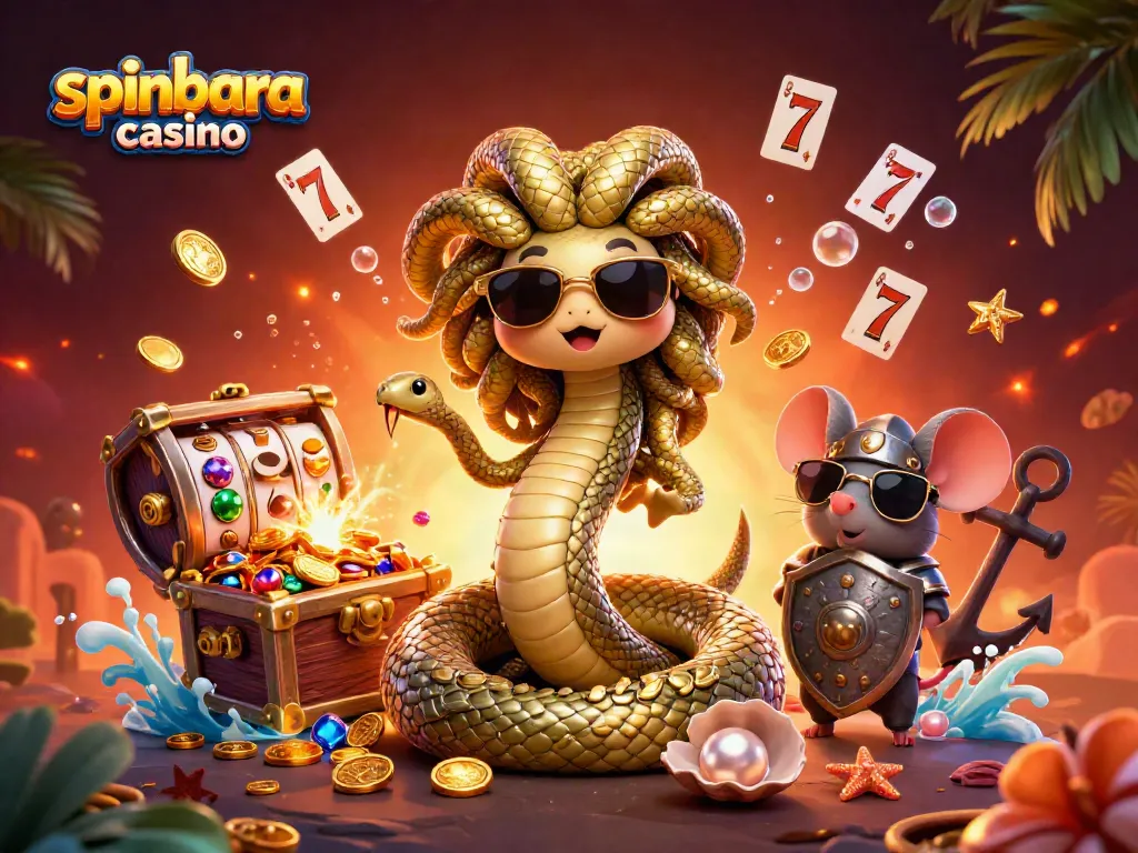 Experience the lively scene of spinbara casino, featuring Medusa and a warrior mouse among dynamic gaming elements.