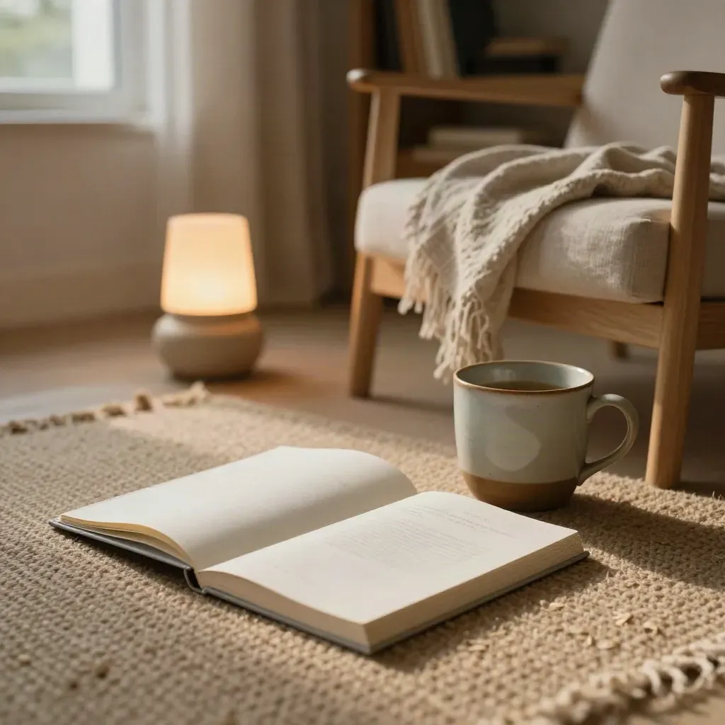 Rincón de lectura en casa con folleto médico doblado, taza, manta de lino y lámpara cálida.