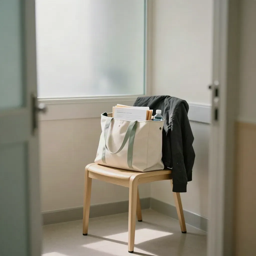 Bolsa clínica con carpetas selladas, agua y chaqueta sobre una silla, en una consulta luminosa.