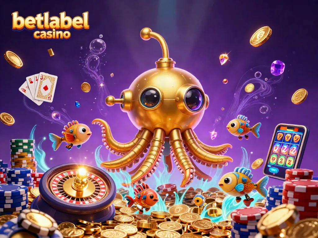 Experience the excitement of betlabel casino, featuring a bustling underwater world with a submarine and golden treasures.